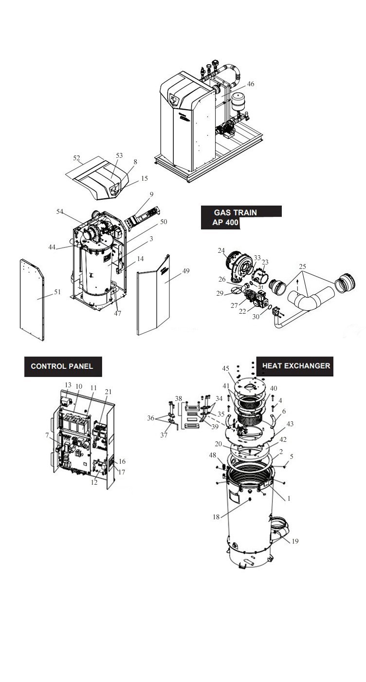 Lochinvar AQUAS Low NOx Indoor Indirect Pool Heater | Natural Gas 400K BTU | ASME Commercial Grade | APN400 Parts Schematic