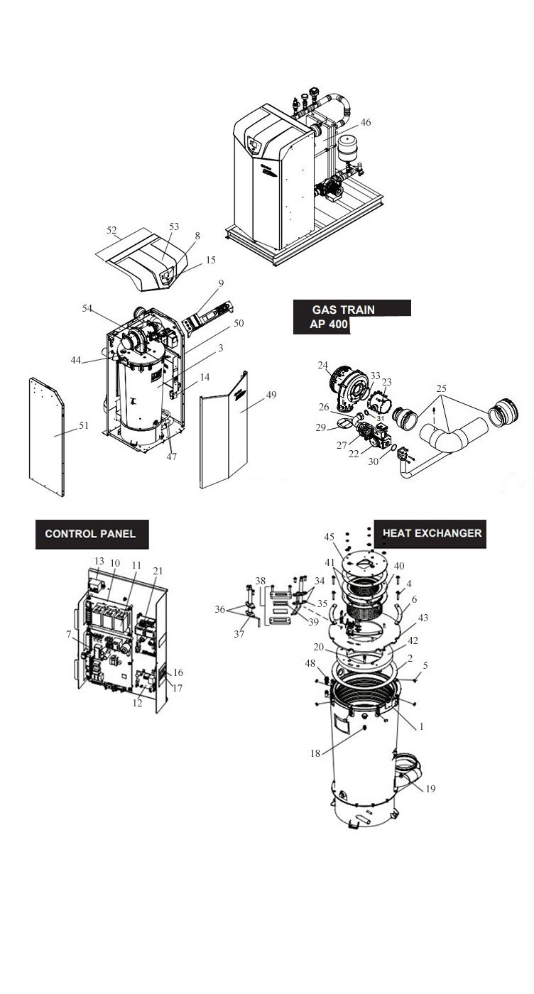 Lochinvar AQUAS Low NOx Indoor Indirect Pool Heater | Natural Gas 400K BTU | ASME Commercial Grade | APN400 100328153 Parts Schematic