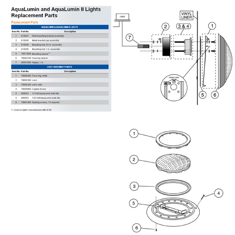 Pentair AquaLumin III Pool and Spa Light | 250W, 120V, 50' Cord | 78864200 Parts Schematic