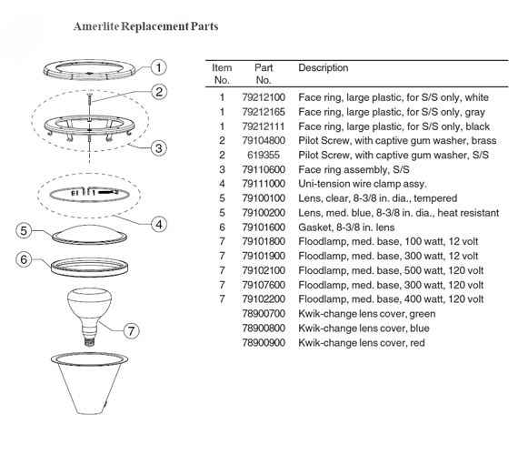 Pentair Amerlite Pool Light for Inground Pools with Stainless Steel Facering | 300W , 12V , 15' SS | 78431100 Parts Schematic