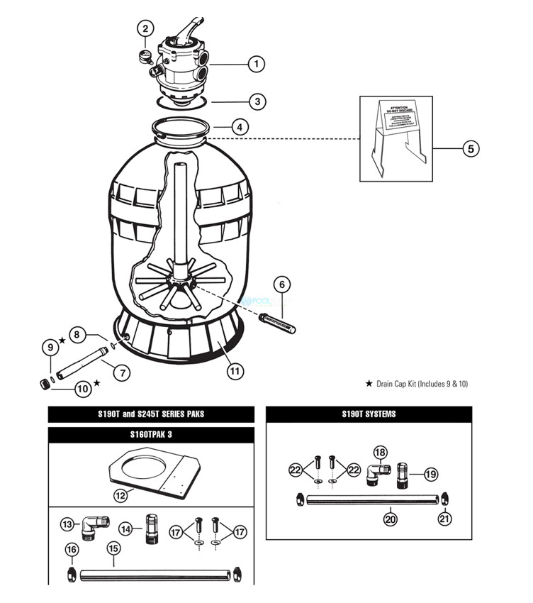 Hayward Pro Sand Filter with Top Mount Valve 19" (Export Only) | S190TEXP Parts Schematic