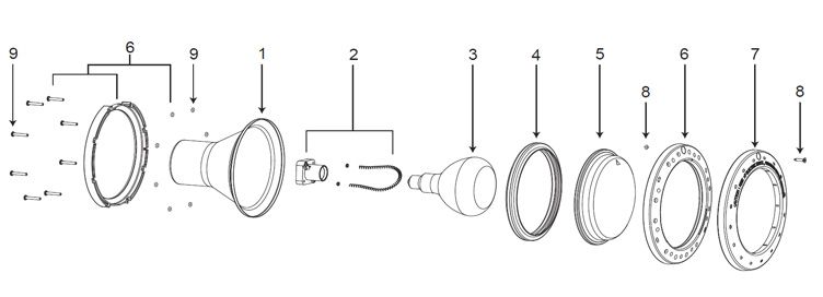 Jandy White Pool Light for Inground Pools with Stainless Steel Facering | 500W, 120V, 30 ft Cord | WPHV500WS30 Parts Schematic