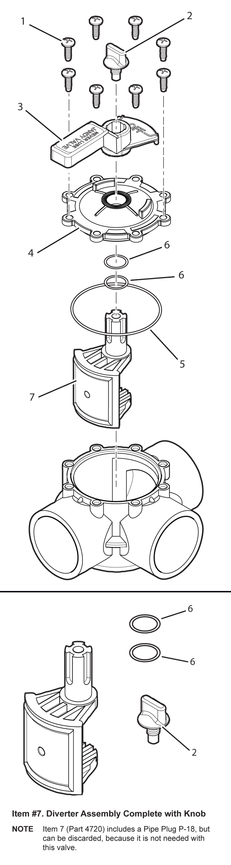 Jandy Pro Series Neverlube 1.5"x2" Positive Seal 3-Port Valve | 4715 Parts Schematic