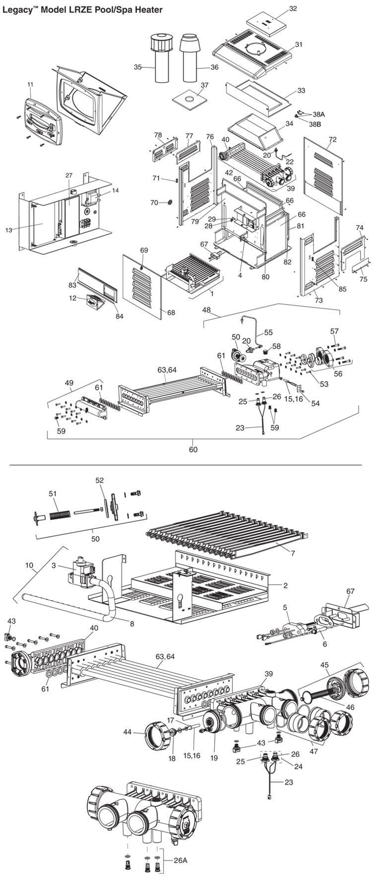 Jandy Legacy LRZ Pool Heater | 125,000 BTU Propane | Electronic Ignition | Digital Controls | Polymer Heads | LRZ125EP Parts Schematic