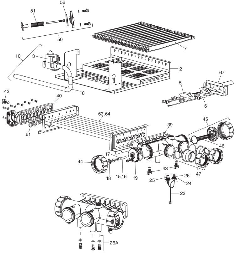 Jandy Legacy LRZ Pool Heater | 125,000 BTU Natural Gas | Millivolt Standing Pilot | Manual Control | Polymer Heads | LRZ125MN Parts Schematic