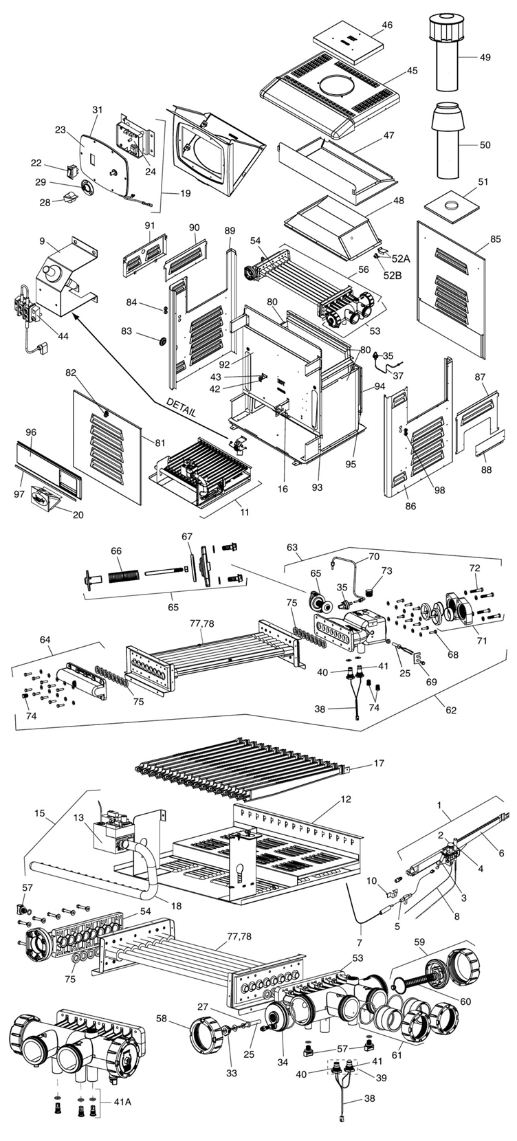 Jandy Legacy LRZ Pool Heater | 250,000 BTU Natural Gas | Millivolt Standing Pilot | Manual Control | Polymer Heads | LRZ250MN Parts Schematic