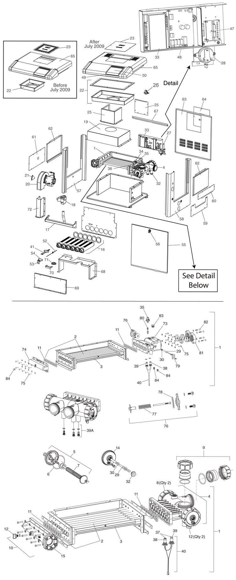 Jandy LXi Pool Heater | 250,000 BTU Natural Gas | Electronic Ignition | Digital Controls | Polymer Heads | LXi250N Parts Schematic