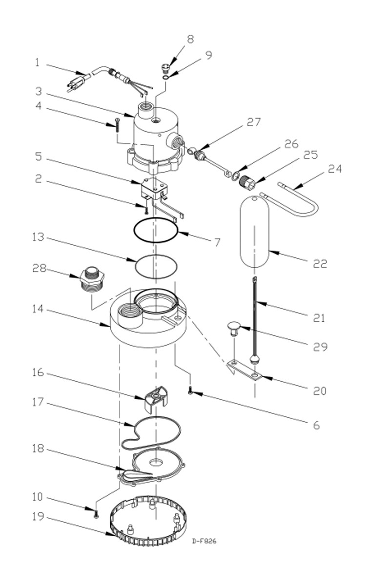 Franklin Electric Little Giant 5.5 Series Submersible Sump Pump | 5.5-ASPA .25HP 115V 35 GPM 25-Foot Cord | 505701 Parts Schematic