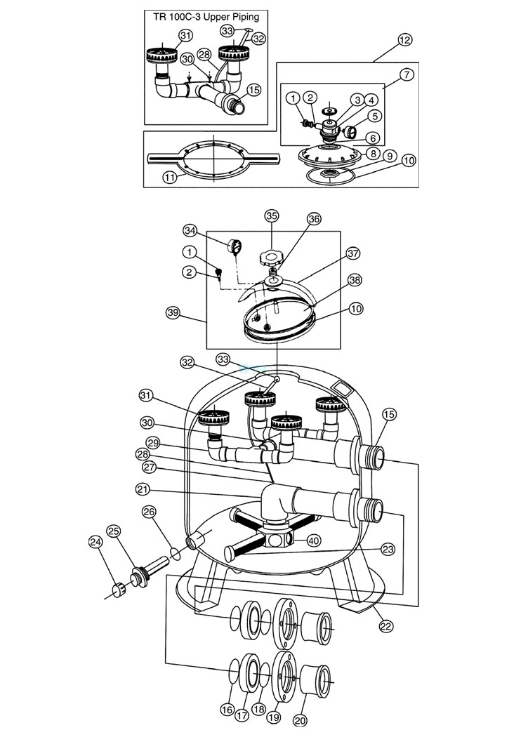 Pentair Triton C-3 TR140C-3 Commercial Sand Filter | 36" with 3" Flange | 140342 Parts Schematic