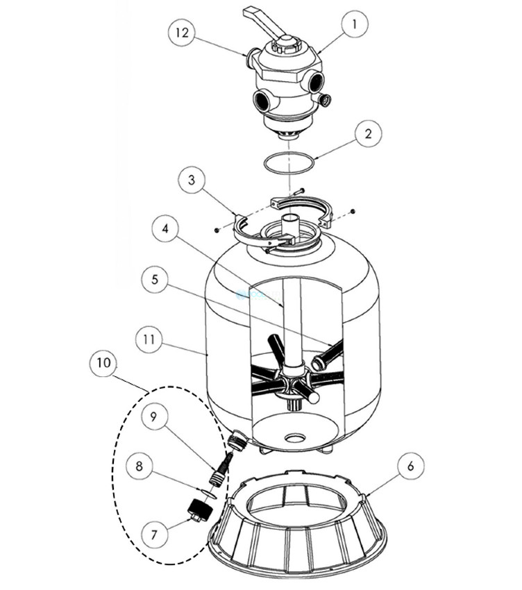 Pentair Sand Dollar SD80 26" Top Mount Sand Filter with Clamp Style 1.5" Multiport Backwash Valve | 3.5 Sq. Ft. | 145333 Parts Schematic