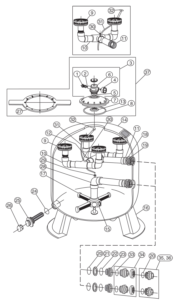 Pentair  Triton C 36 " Fiberglass Commercial Sand Filter | Backwash Valve Required-Not Included | TR140C 140316 Parts Schematic