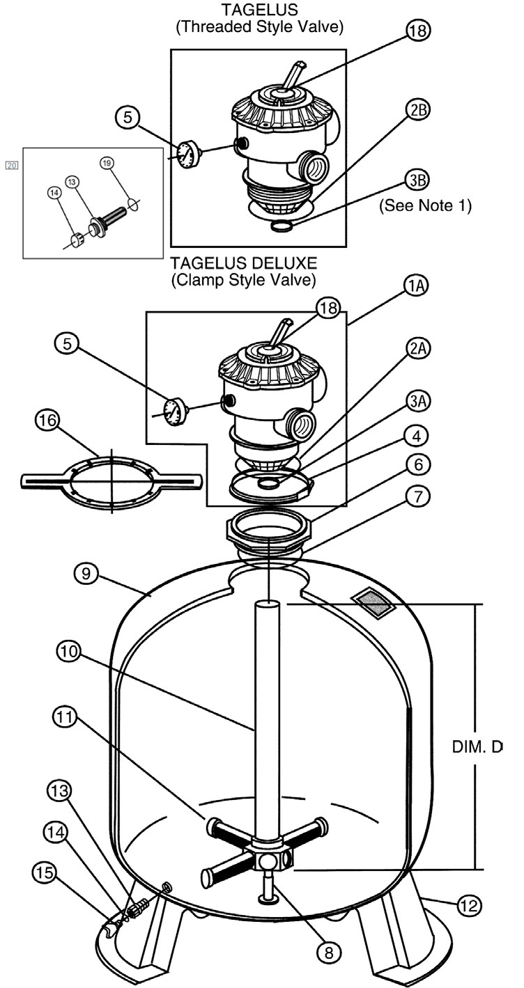 Pentair Tagelus 21" TA Fiberglass Sand Filter  with Six Way 1.5" Multiport Backwash Valve  | TA50D 144127 Parts Schematic