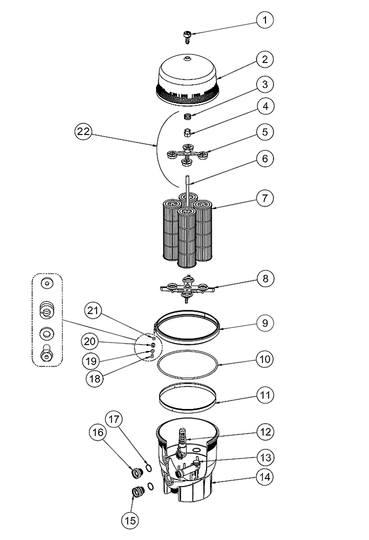 Pentair Quad DE High Flow Filter | 60 Sq Ft | 120 GPM | 188592 Parts Schematic