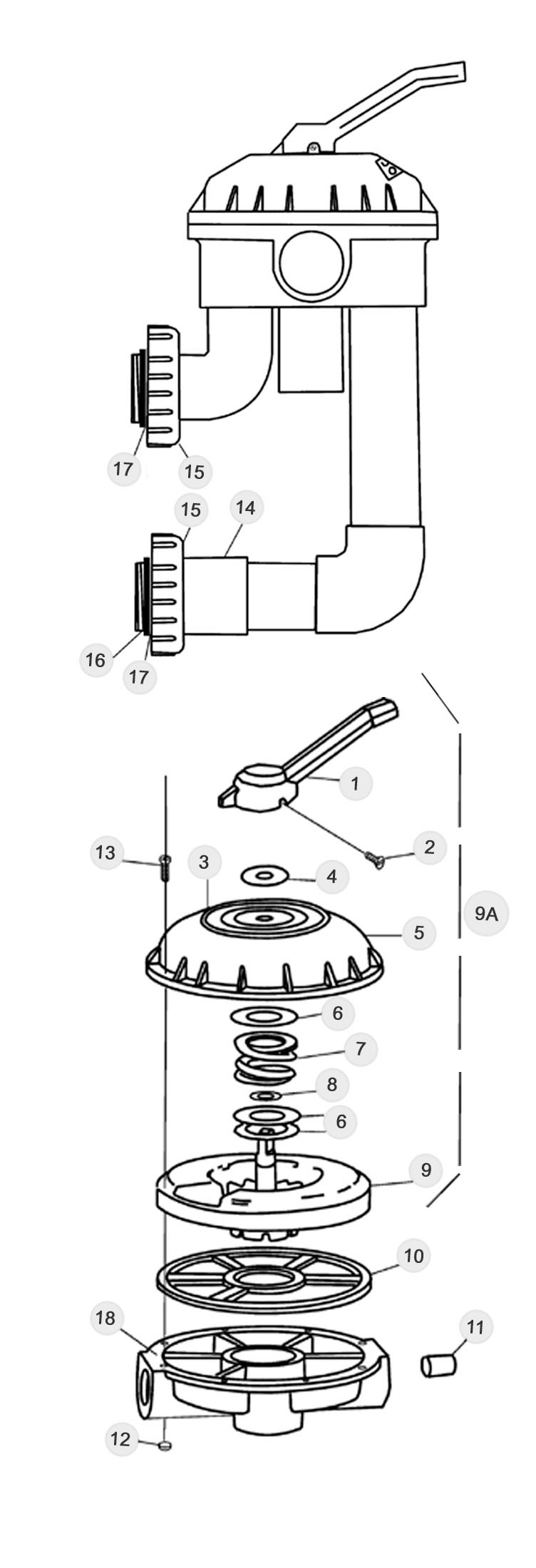 Pentair Hi-Flow Multi-Port PVC Backwash Valve for Side Mounted  D.E. Filters | 261142 Parts Schematic