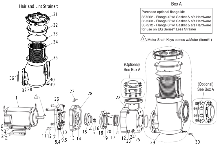 Pentair EQK500 Series 5HP Nema Premium Efficiency 3-Phase Pool Pump without Strainer 208-230-460V | 340020 Parts Schematic