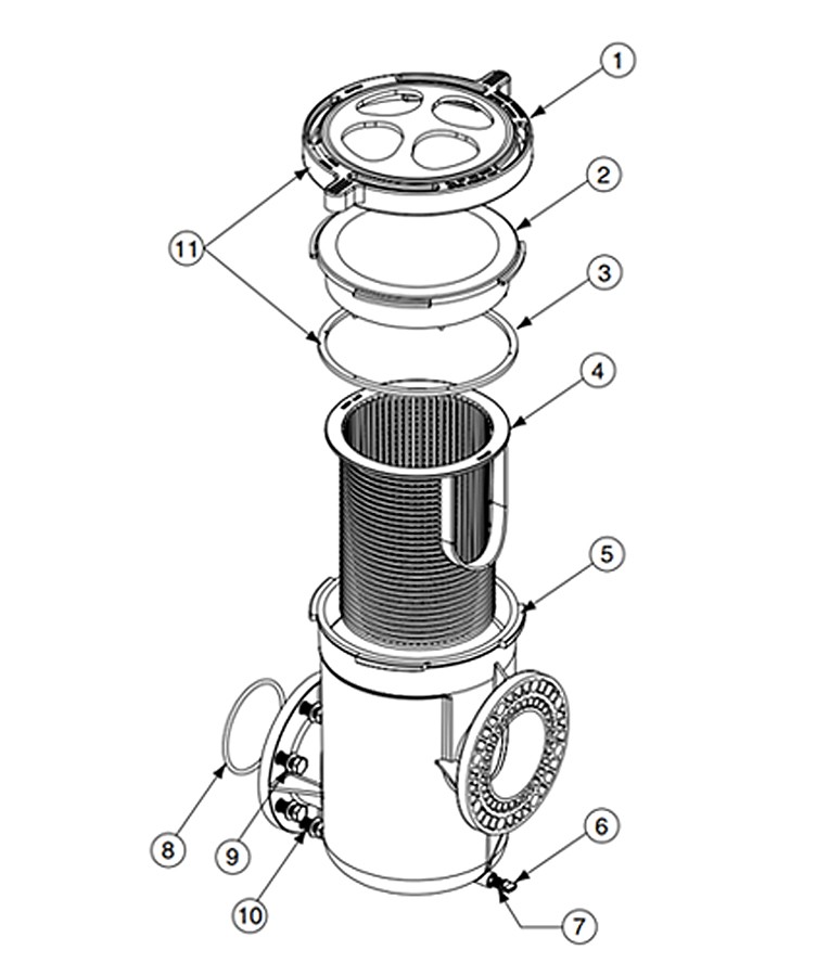 Pentair EQ Series Hair & Lint Strainer Pot Complete | 6"x 6" | 340013 Parts Schematic