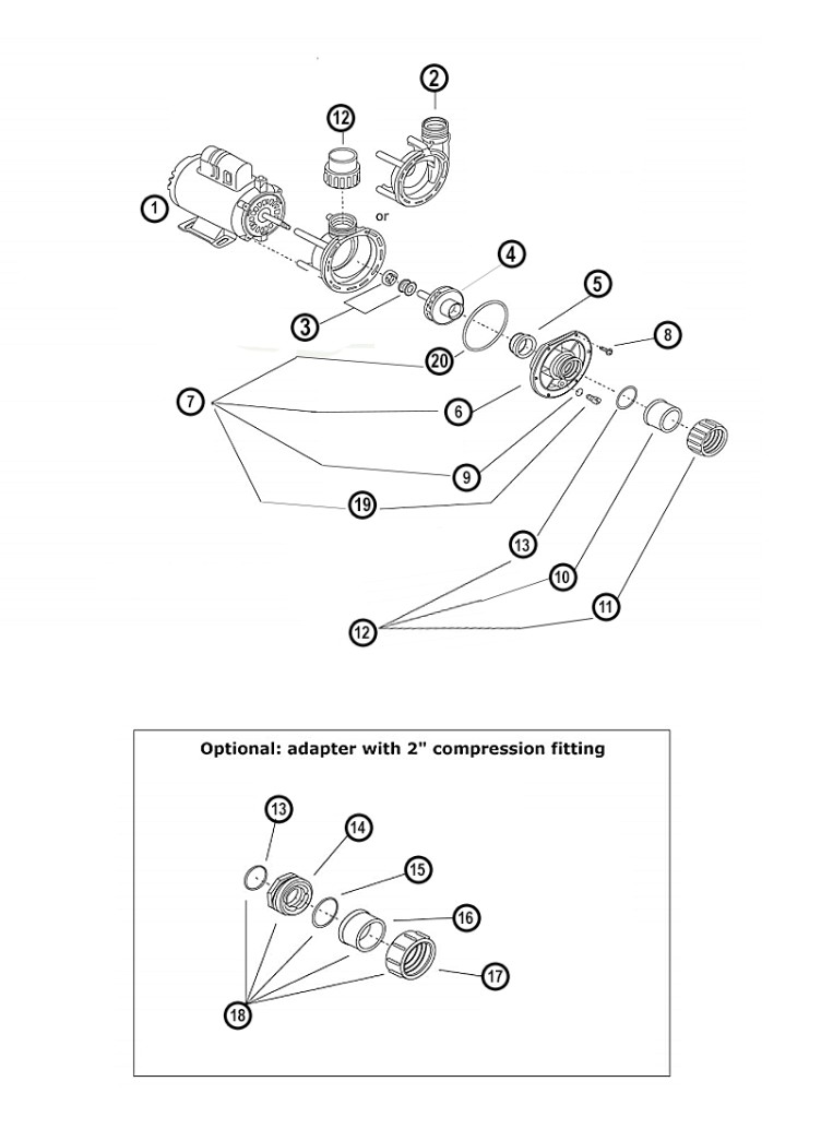 Gecko Aqua-Flo Flo-Master FMHP | Side Discharge | 48-Frame 230V 2.0 HP 1.5 OPHP 2-Speed | 02115005-1010 Parts Schematic