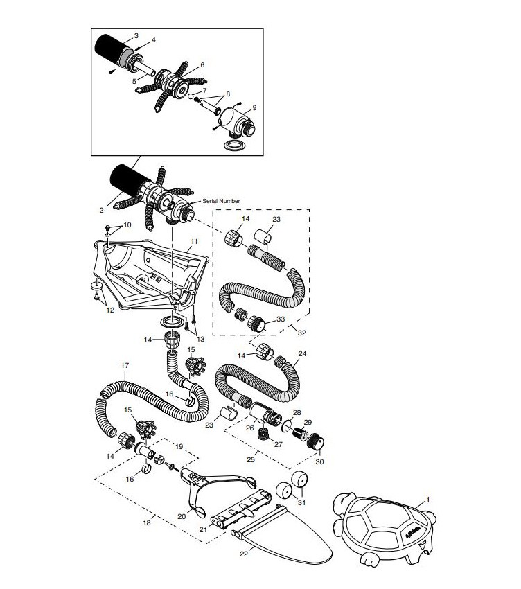 Polaris 65 Turbo Turtle Above Ground Pressure Side Pool Cleaner | Includes Hoses | 6-130-00T Parts Schematic