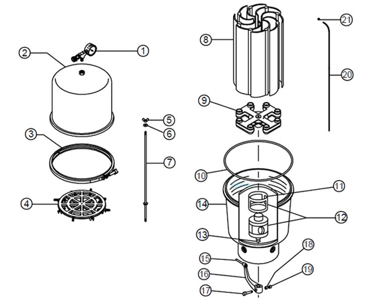 Pentair SMBW4048 Fiberglass D.E. Filter | 47 Square Feet with Built-In Backwash Valve | 011555 Parts Schematic