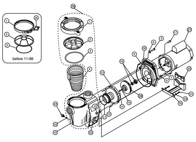 Pentair WhisperFlo Energy Efficient Pool Pump | 3 Phase | 230/460V 2HP Full Rated | WFK-8 | 011570 011643 Parts Schematic