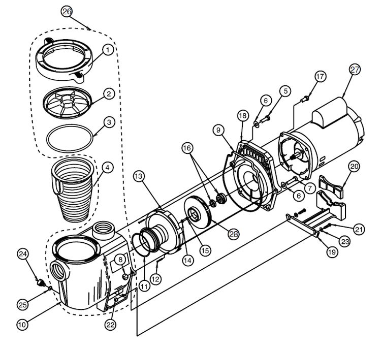 Pentair WhisperFlo Standard Efficiency Pool Pump | 115/208/230V 0.5HP Full Rated | WF-2 | 011578 Parts Schematic