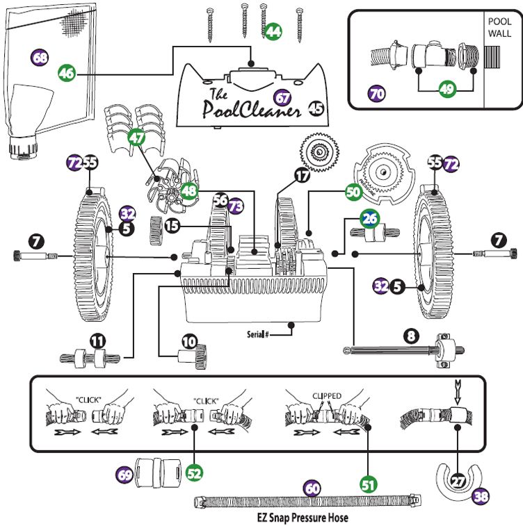 Poolvergnuegen The Pool Cleaner 4-Wheel Pressure Side Cleaner | White Blue Model | 896584000-037 Parts Schematic