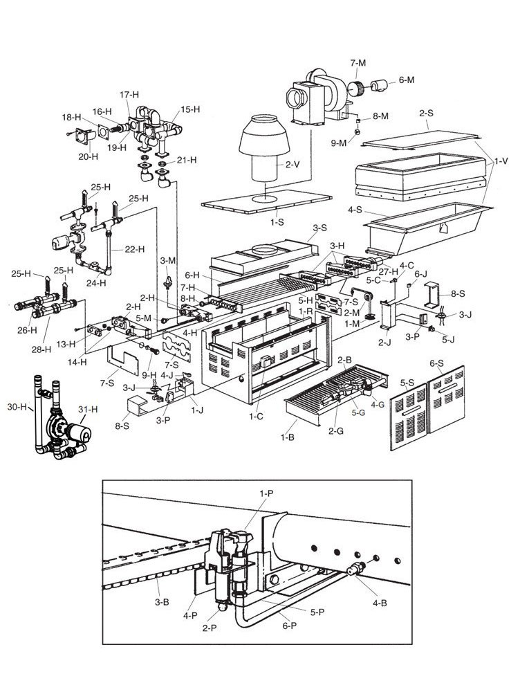 Raypak Raytherm P1414 #57 Commercial Swimming Pool Heater with H-Style Bypass and Outdoor Top | Propane Gas 1,414,000 MBTU | 001371 Parts Schematic