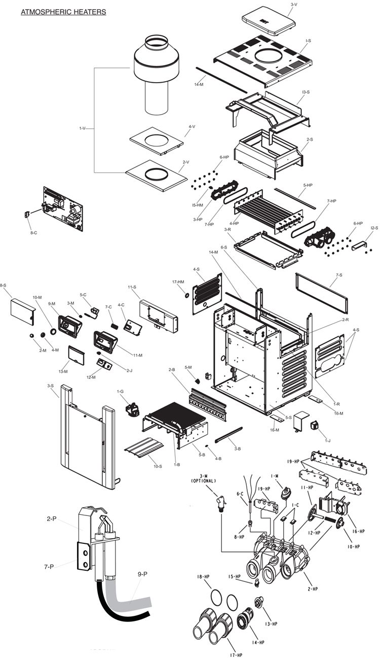 Raypak Digital Natural Gas Pool Heater 200K BTU | Electronic Ignition | Cupro Nickel Heat Exchanger | P-R206A-EN-X 010102 P-M206A-EN-X 010134 Parts Schematic