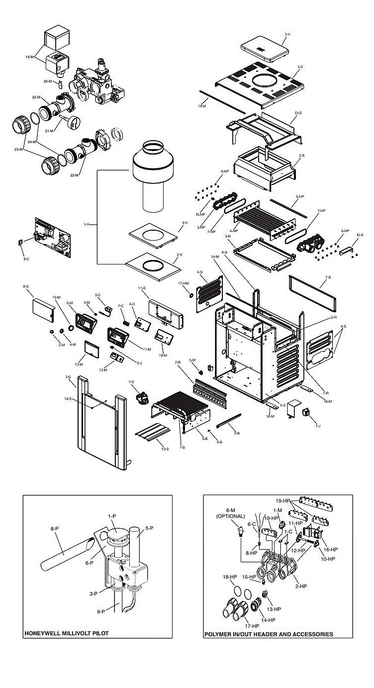 Raypak Analog Natural Gas Pool Heater 200k BTU | Millivolt Standing Pilot | P-M206A-MN-C 009906 P-R206A-MN-C 009192 Parts Schematic