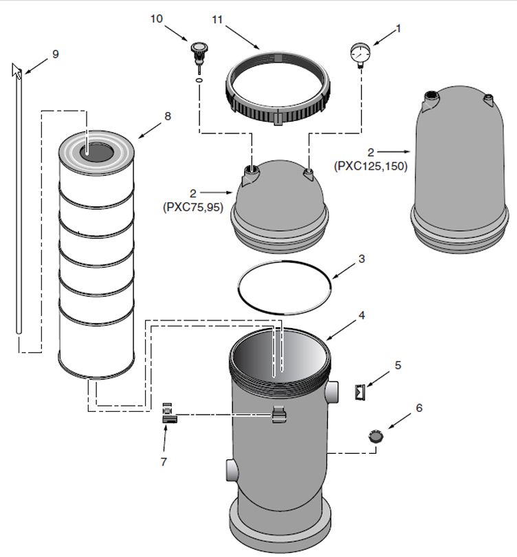Sta-Rite Posi-Clear Cartridge Filter 75 Sq Ft | PXC75 Parts Schematic
