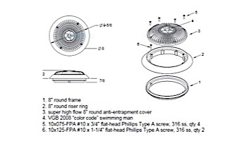 AquaStar 8" Star Anti-Entrapment Cover, Solid Riser Ring and Mud Frame (VGB Series) | Black | A8R102