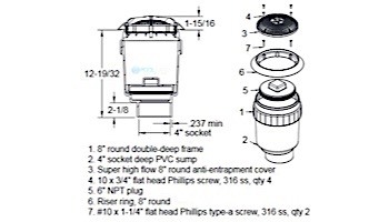 AquaStar 8'' Star Anti-Entrapment Cover, Solid Riser Ring and Double/Deep Frame with 4'' Socket Sump Bucket (VGB Series) | Black | A8R102D