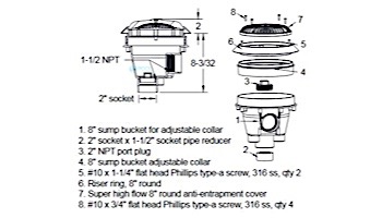 AquaStar 8'' Star Anti-Entrapment Cover, Solid Riser Ring and Standard Sump with Adjustable Collar (VGB Series) | Dark Gray | A8RSBAC105