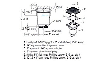 AquaStar 14" Square Grate with 2 Port Double Deep Sump Bucket (VGB Series) | White | 914101B