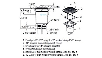 AquaStar 14" Square Grate with 2 Port Double Deep Sump Bucket (VGB Series) | Black | 914102B