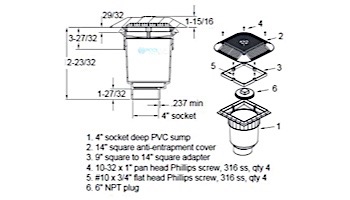 AquaStar 14" Square Grate with Double Deep Sump Bucket with 4" Socket (VGB Series) | Dark Gray | 914105D