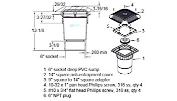 AquaStar 14" Square Grate with Double Deep Sump Bucket with 6" Socket (VGB Series) | White | 914101F