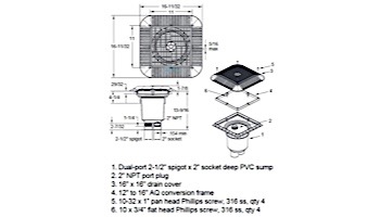 AquaStar 16" Square Anti-Entrapment Suction Outlet Cover | with 2 Port Double Deep Sump Bucket (VGB Series) | White | 1216101B