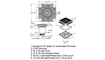 AquaStar 16" Square Anti-Entrapment Suction Outlet Cover | with 2 Port Double Deep Sump Bucket (VGB Series) | Dark Gray | 1216105B
