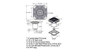 AquaStar 16" Square Grate with Double Deep Sump Bucket | with 4" Socket (VGB Series) | White | 1216101D