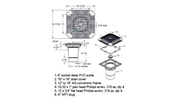 AquaStar 16" Square Grate with Double Deep Sump Bucket | with 6" Socket (VGB Series) | White | 1216101F