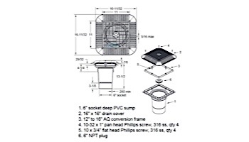 AquaStar 16" Square Grate with Double Deep Sump Bucket | with 6" Socket (VGB Series) | Light Gray | 1216103F