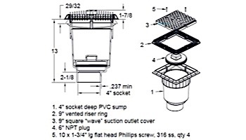 AquaStar 9" Wave Grate  & Vented Riser Ring with Double Deep Sump Bucket with 4" Socket | White | WAV9WR101D