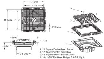 AquaStar 12"X12" Square Wave Suction Outlet and Deep Frame  & Vented Riser Ring | White | WAV12WR101A