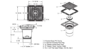 AquaStar 12"x12" Square Wave Grate  & Vented Riser Ring with Double Deep Sump Bucket with 6" Socket (VGB Series) | White | WAV12WR101F