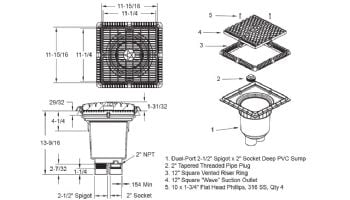 AquaStar 12"x12" Wave Suction Outlet & Vented Riser Ring with 2 Port Double Deep Sump Bucket | Light Gray | WAV12WR103B