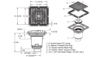 AquaStar 12"x12" Square Wave Grate  & Vented Riser Ring with Double Deep Sump Bucket with 4" Socket (VGB Series) | Light Gray | WAV12WR103D