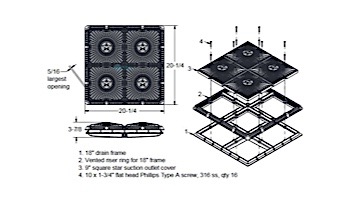 AquaStar 18" Square Mud Frame with Four 9" Square Star Anti-Entrapment Suction Outlet Covers with Vented Riser Rings | Dark Gray | P18105