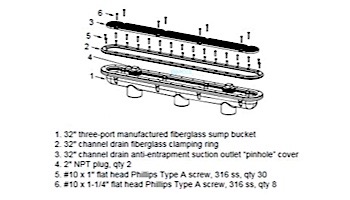 AquaStar 32" Channel Drain Pinhole Anti-Entrapment Suction Outlet Cover with 3 Port Sump for Fiberglass without Gasket (VGB Series) | Tan | 32CDPHFG108