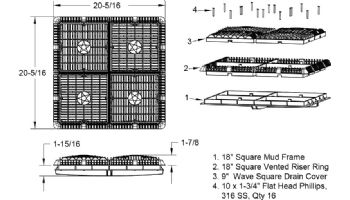 AquaStar Four 9" Square Wave Suction Outlet Covers with Vented Riser Rings and screws for 18" Frame Retrofits (VGB Series) | White | WAV18WRNF101